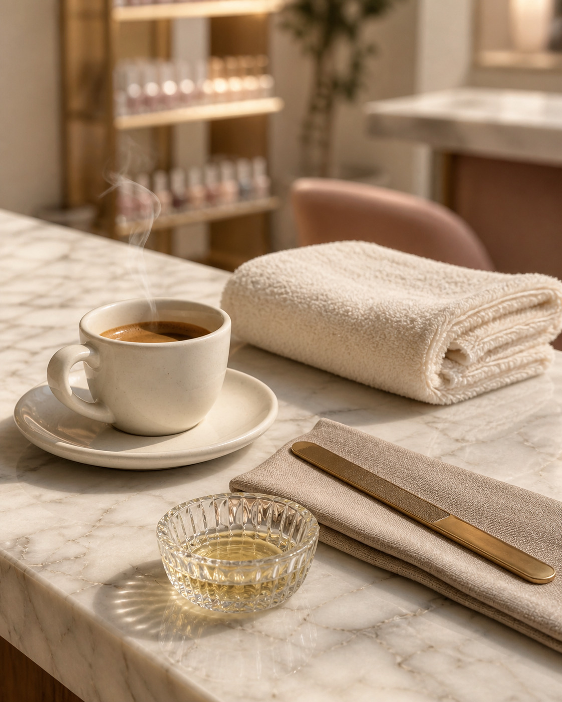 An interior detail from Soul Beauty & Spa — warm cream marble, folded towel, small vase of dried flowers