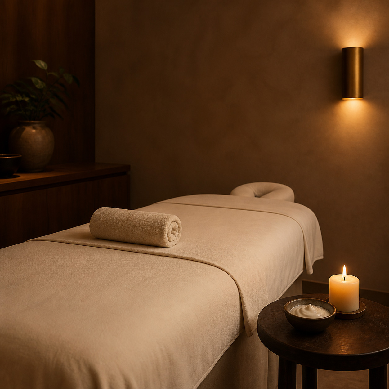 A folded towel and a small dish of massage oil on a warm cream stone counter